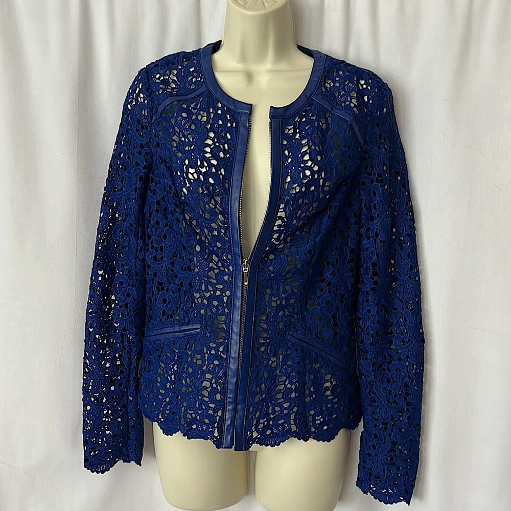 INC International Concepts Royal Blue Crocheted Long Sleeve Zip Jacket **Sz S** - Picture 1 of 4